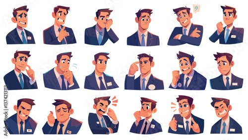Cartoon businessman emotions. Male character face happy anxious stressed smiling sad angry. Business man head set vector illustration