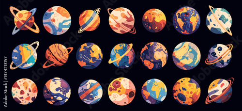 Cartoon fantasy planets. Decorative space game elements for children, cosmic universe objects set vector illustration