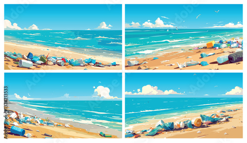 Littered beach. Cartoon ocean pollution concept, seashore with trash plastic glass waste landscape vector illustration