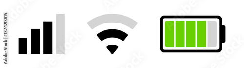 Mobile interface top bar icon set. iPhone ios notification bar includes: battery, wifi, signal icons