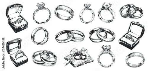 Sketch wedding rings. Proposal ring in box, couple gold jewellery with gem on pillow, marriage love symbol set vector illustration