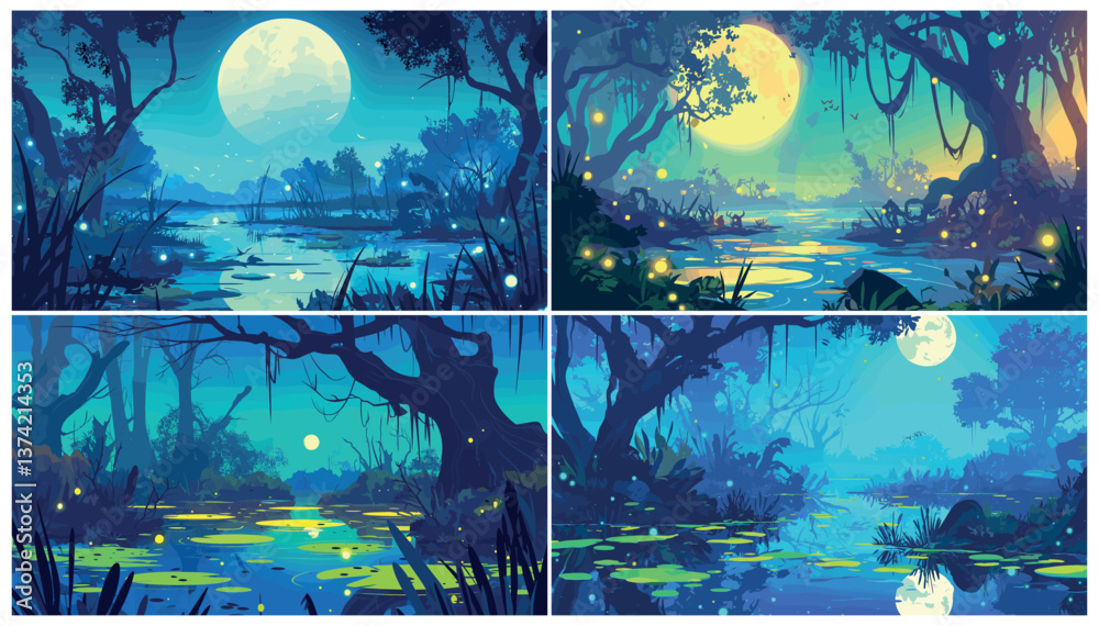 Obraz premium Swamp forest. Cartoon night marsh landscape with trees bog grass fireflies moon vector illustration