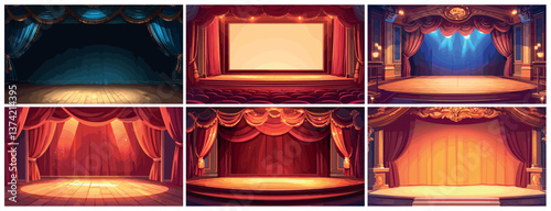 Theater stage. Cartoon empty scene interior with wooden floor red curtains and chairs vector illustration