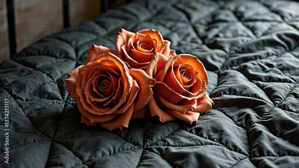 Naklejka premium Three beautiful orange roses on dark quilted fabric surface