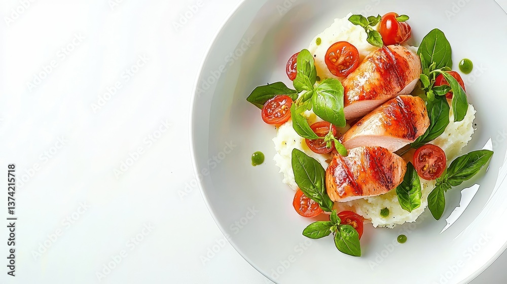 Grilled chicken served with mashed potatoes and fresh garnish Grilled chicken served with mashed potatoes and fresh garnish