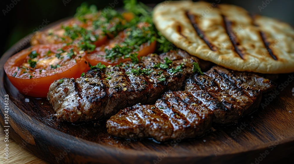 Fototapeta premium Grilled steak with tomatoes and bread served on a wooden platter