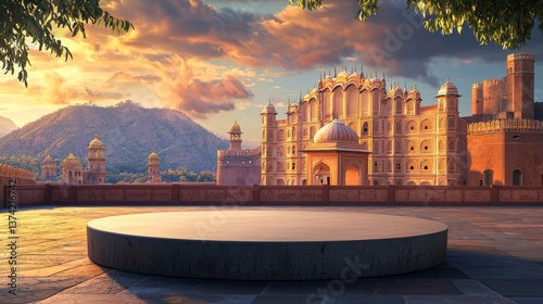 Realistic 3D render of Hawa Mahal in Jaipur at sunset with stone podium in foreground generative ai