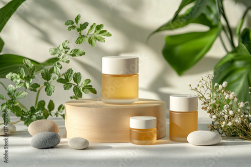product photography mockups of various skincare essences transparent shampoo, cream, serum, oil,  containers set on a wooden podium in the gradient herbal background. mockup 