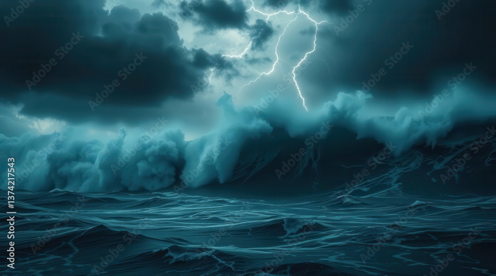 Fototapeta premium Dramatic Stormy Ocean with Giant Waves and Lightning,stormy ocean, giant waves, lightning storm, dark clouds, rough sea, 