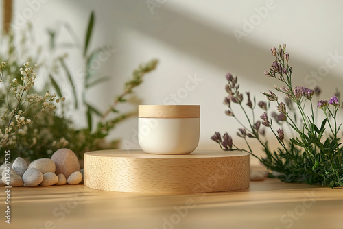 product photography mockups of various skincare essences white shampoo, cream, serum, oil,  containers set on a wooden podium in the gradient herbal background. mockup 