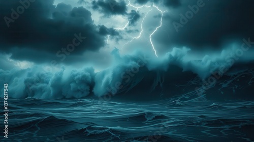 Fototapeta Naklejka Na Ścianę i Meble -   Dramatic Stormy Ocean with Giant Waves and Lightning,stormy ocean, giant waves, lightning storm, dark clouds, rough sea, 
