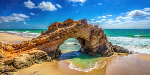 Unique rock formation with a natural hole on the beach at Jericoacoara