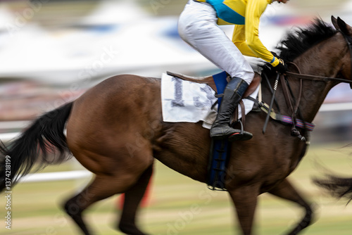 Abstract motion blur shot of a jockey and rider in a steeplechase horse race.