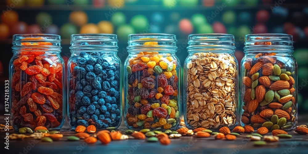 Colorful jars filled with various nuts and dried fruits, arranged neatly, highlighting healthy snack options against a blurred background. Colorful jars filled with various nuts and dried fruits, arranged neatly, highlighting healthy snack options against a blurred background.