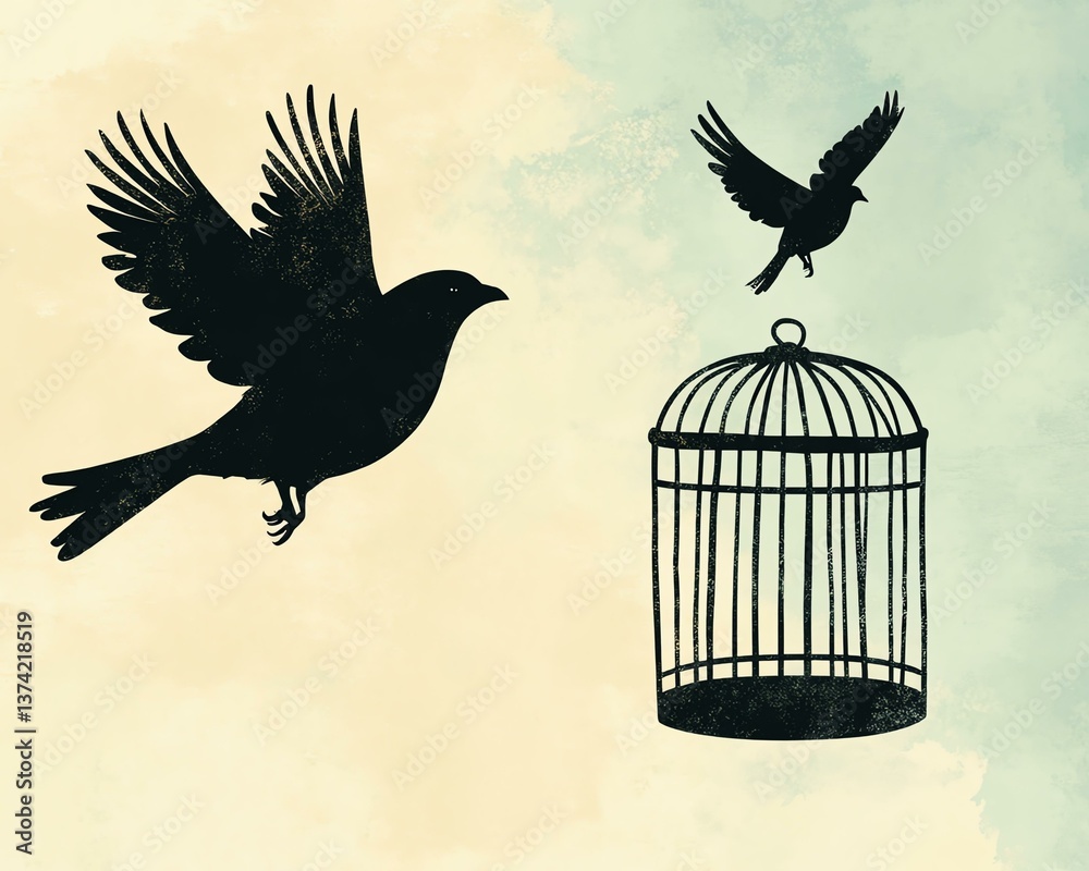 Fototapeta premium Freedom vs. Restriction, One Bird Flying While Another Stays Caged, Concept of Emotional and Physical Limits