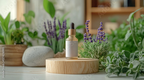 product photography mockups of various skincare essences white shampoo, cream, serum, oil,  containers set on a wooden podium in the gradient herbal background. mockup 