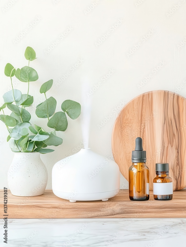 A serene setup featuring an essential oil diffuser, plants, and amber bottles on a wooden surface. A serene setup featuring an essential oil diffuser, plants, and amber bottles on a wooden surface.