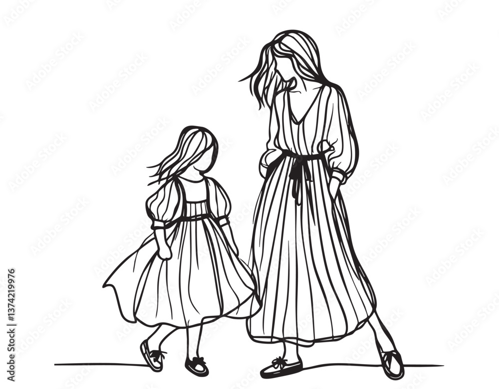 Silhouette line drawing of mother and child in linen dress. Mothers day Silhouette line drawing of mother and child in linen dress. Mothers day