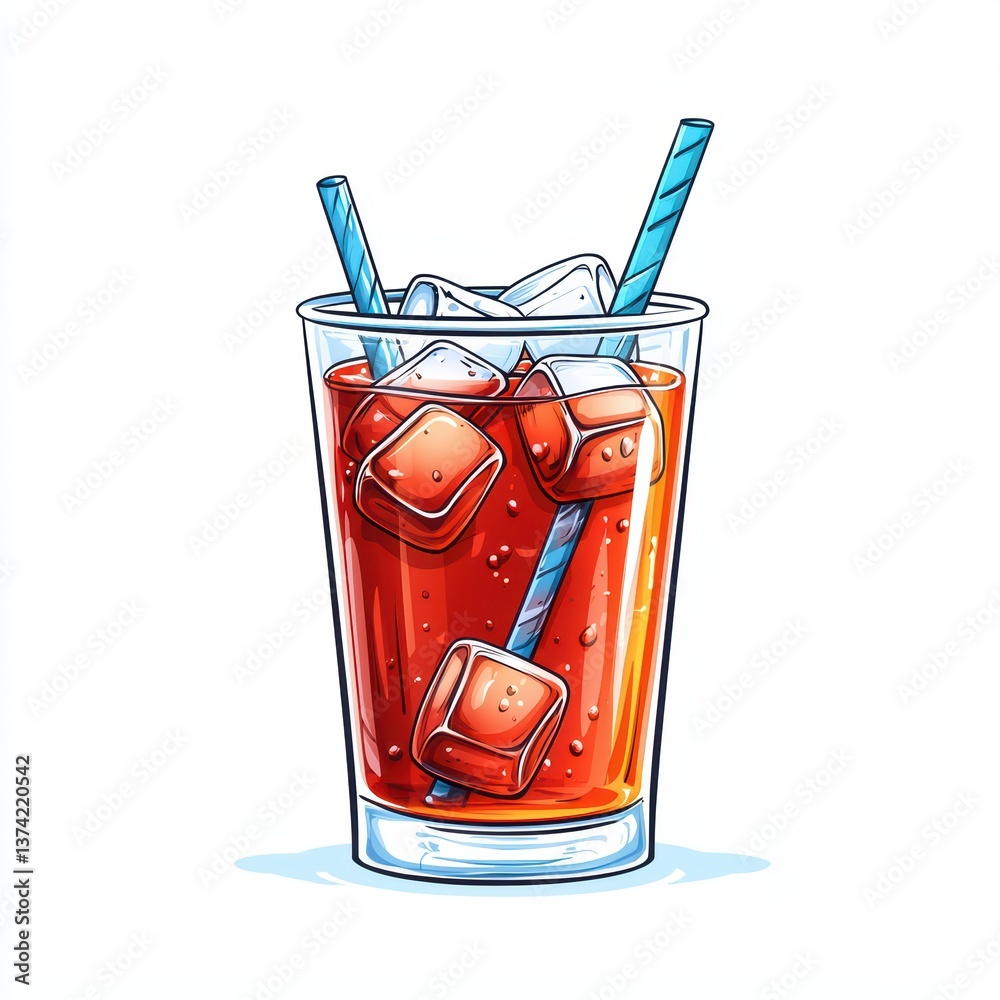 Obraz premium Refreshing drink with ice and straws in glass