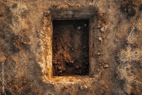 Rectangular empty grave dug into dry soil in desert environment, aerial view