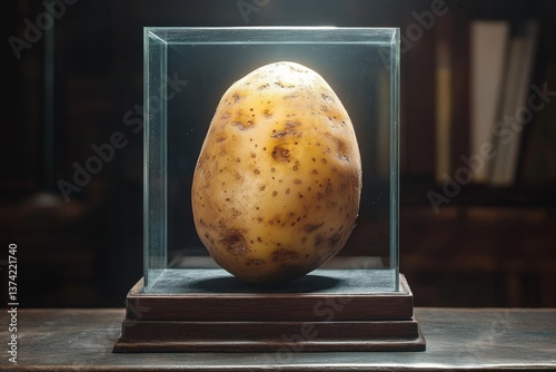 Spotlit potato in a glass display case, celebrating its humble yet essential role in sustenance
