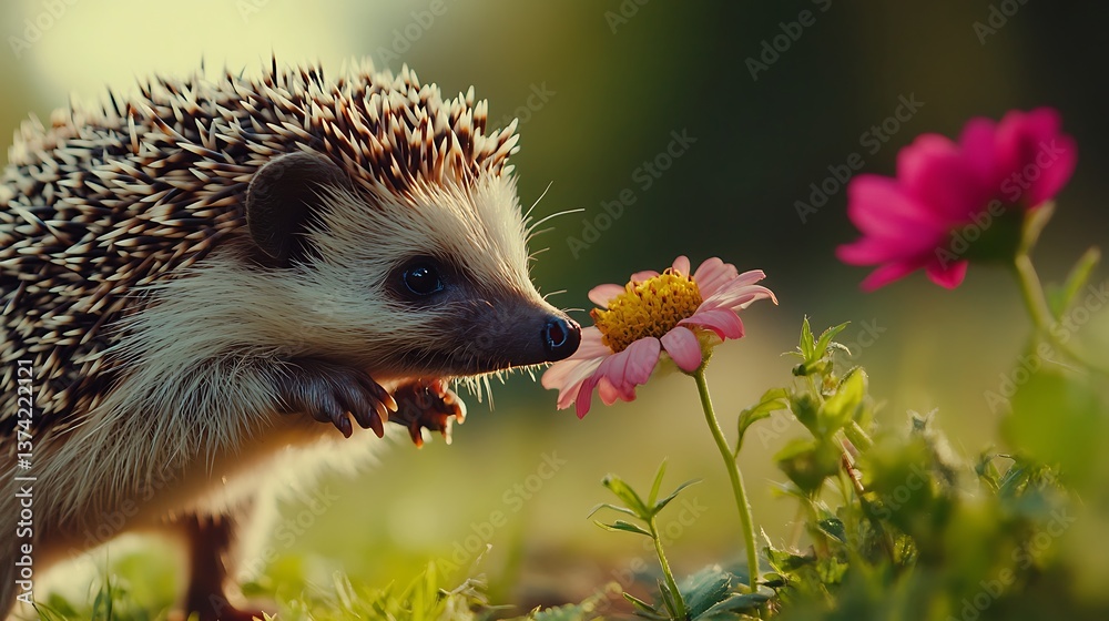 Close-up of an adorable hedgehog gently sniffing a pink flower amidst lush green plants in a soft focus natural setting Close-up of an adorable hedgehog gently sniffing a pink flower amidst lush green plants in a soft focus natural setting