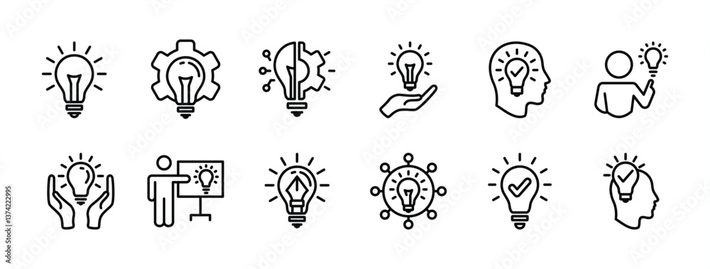 Obraz premium Innovation thin line icon set. Light bulb with gear and head symbol. Containing Creative idea, creativity, solution, suggestion, inspiration, presentation, smart thinking. Vector illustration