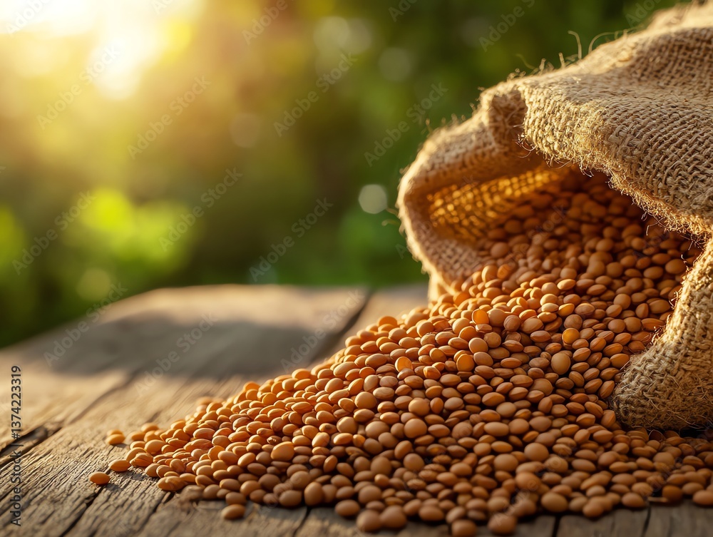 Lentils Spilling From Burlap Sack on Rustic Wooden Surface Outdoors Lentils Spilling From Burlap Sack on Rustic Wooden Surface Outdoors