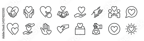 Empathy thin line icon set. Contains nubes love, charity, donation, help, care, volunteer, solidarity, support, social, assistance, communication, together, relationship, honesty. Vector illustration