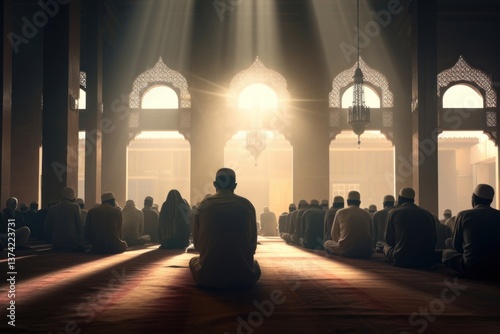 Muslim people praying inside mosque light adult spirituality.