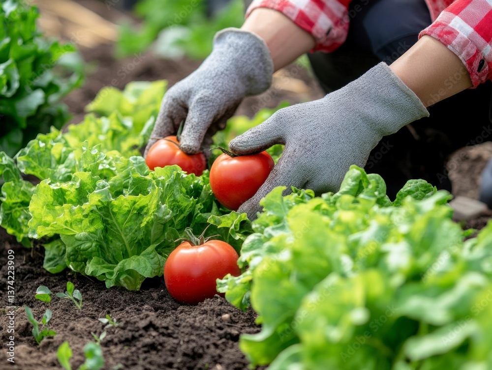 Fototapeta premium Harvesting Ripe Tomatoes and Lettuce in a Garden