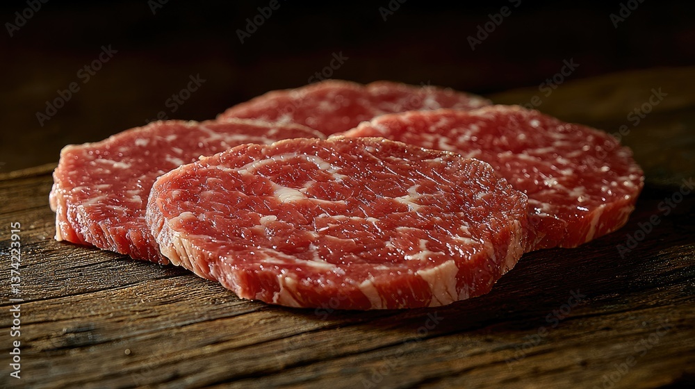 Sliced pieces of red raw meat stacked on wooden surface