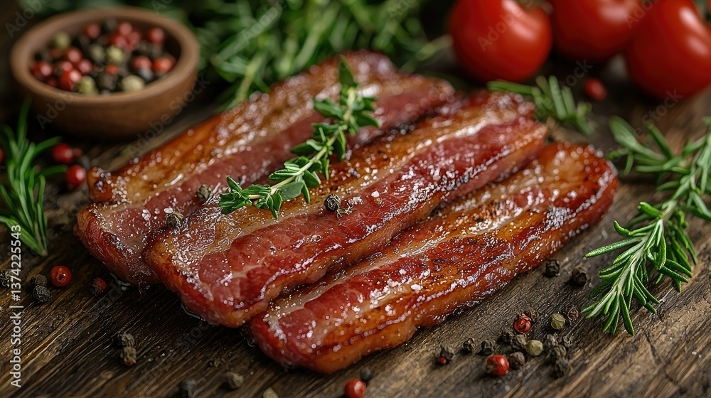 Delicious Crispy Bacon Served Freshly Grilled with Herbs and Tomatoes Delicious Crispy Bacon Served Freshly Grilled with Herbs and Tomatoes