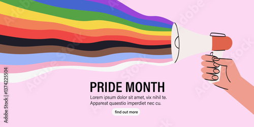 People hand hold loud speaker with lgbt rainbow. Pride month festival, parade or march celebration against violence, descrimination. Lgbtq greeting card, social media or web banner, placard or poster.