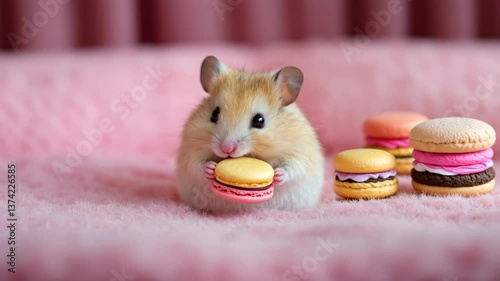 Adorable Fluffy Hamster Enjoys a Sweet Treat on a Cozy Pink Blanket: A Close-Up of Tiny Pet Bliss
