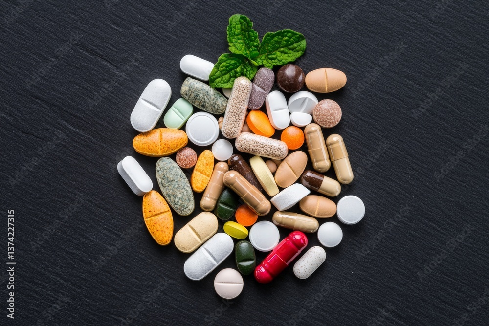 Mixed medicine pills vitamins and supplements arranged on dark background showing healthcare diversity and pharmaceutical categorization in modern wellness layout concept Mixed medicine pills vitamins and supplements arranged on dark background showing healthcare diversity and pharmaceutical categorization in modern wellness layout concept