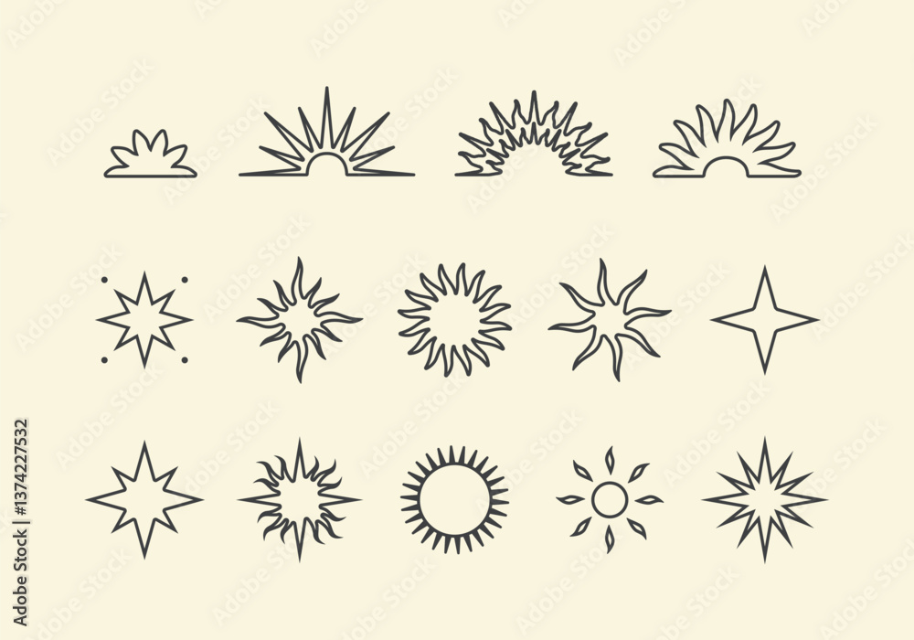 Set of line sun icons in modern boho style. Vector design elements for branding, website, tattoo, packaging. Magic celestial sun silhouettes on light background. Set of line sun icons in modern boho style. Vector design elements for branding, website, tattoo, packaging. Magic celestial sun silhouettes on light background.