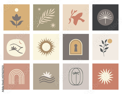 Set of various decorative pictures in bohemian style with celestial and natural elements: sun, palm, flower, rainbow, bird, leaf. Fashionable boho icons perfect for printing labels, t-shirts, posters.