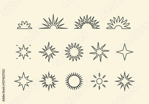 Set of line sun icons in modern boho style. Vector design elements for branding, website, tattoo, packaging. Magic celestial sun silhouettes on light background.