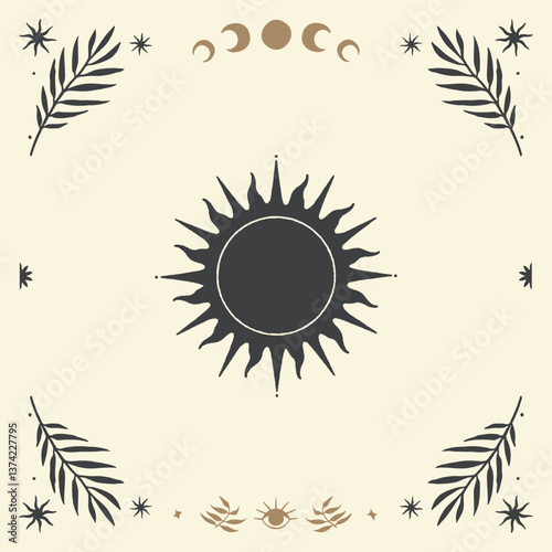 Dark mystical sun in vintage bohemian style with floral and celestial elements. Mystic, astrological boho illustration with space for text and esoteric frame. Solar eclipse on light background. EPS10