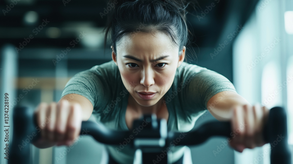 Focused Asian woman working out intensely on a stationary bike in a gym setting. Focused Asian woman working out intensely on a stationary bike in a gym setting.