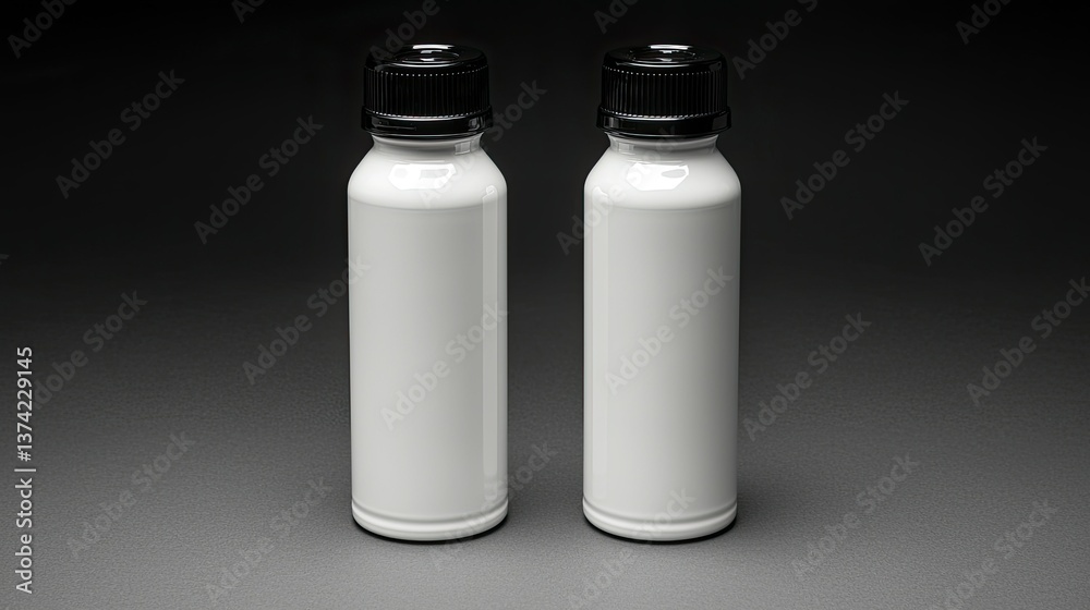 Two white bottles with black tops sitting on a surface Two white bottles with black tops sitting on a surface