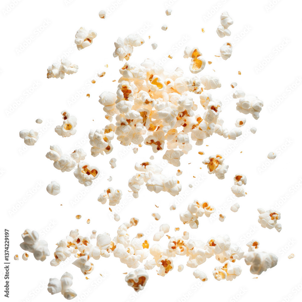 Popcorn explosion effect with popcorn flying everywhere creates fun and dynamic scene. light, fluffy texture and white color of popcorn contrast beautifully against transparency background Popcorn explosion effect with popcorn flying everywhere creates fun and dynamic scene. light, fluffy texture and white color of popcorn contrast beautifully against transparency background