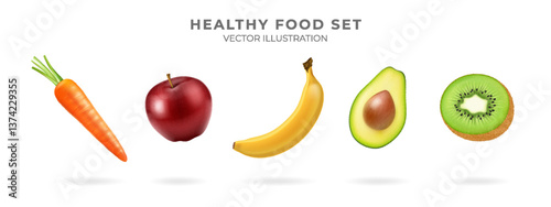 3D vegetables. Healthy food. Juicy fruit for health. Hovering kiwi. Carrot and apple produce as press protein nutrition. Diet organic eat. Ripe avocado. Vector vegan ingredients banner