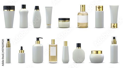 Cosmetic product package. 3D bottle mockup. Shampoo and lotion gel container. Moisturizing cream flask with dispenser. Bathroom beauty packaging. Golden cap flacon. Vector isolated set