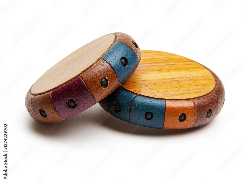 Pair of Wooden Toy Tambourines in Earth Tones with Blue and Purple Accents on White Background with Soft Lighting Pair of Wooden Toy Tambourines in Earth Tones with Blue and Purple Accents on White Background with Soft Lighting