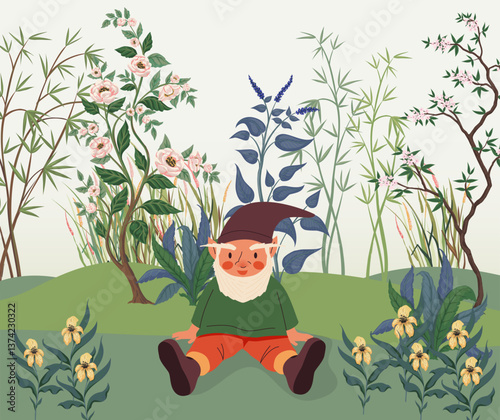 Cute gnomes. Cartoon fairy tale dwarves. Senior fabulous little character sitting on meadow. Happy midget relaxing. Wild flowers. Mythology leprechaun. Vector fantasy bearded man in cap