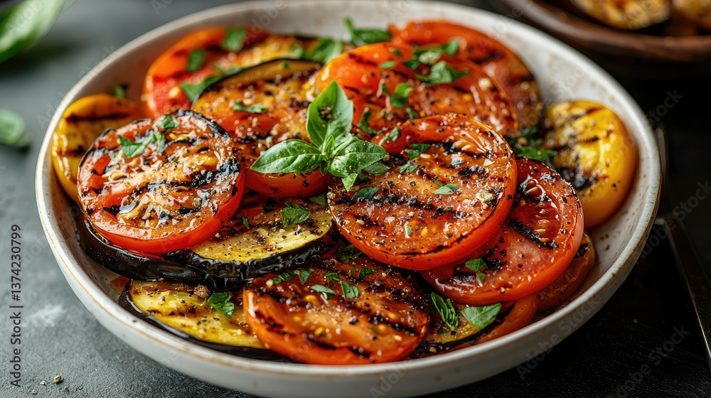 Grilled Tomatoes Eggplant and Basil Arranged in a White Bowl Grilled Tomatoes Eggplant and Basil Arranged in a White Bowl