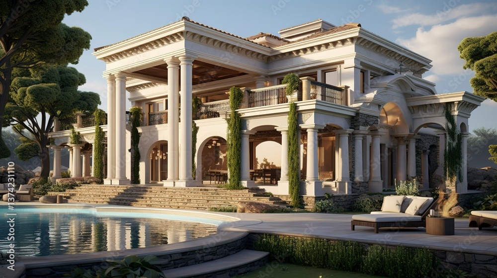 Obraz premium A photo of a double-story villa with stone pillars. ,