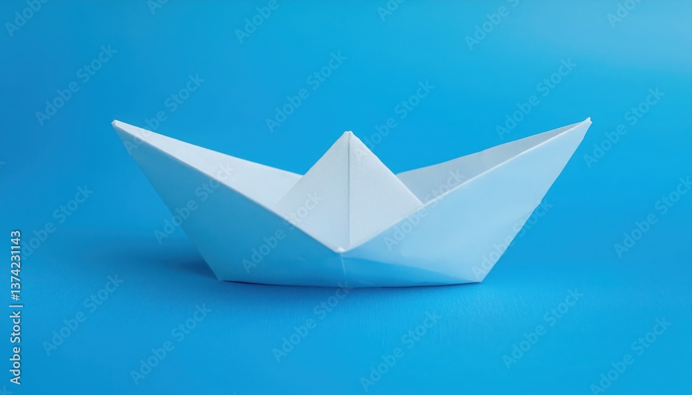 A minimalist white paper boat on a blue background symbolizes creativity and imagination. A minimalist white paper boat on a blue background symbolizes creativity and imagination.